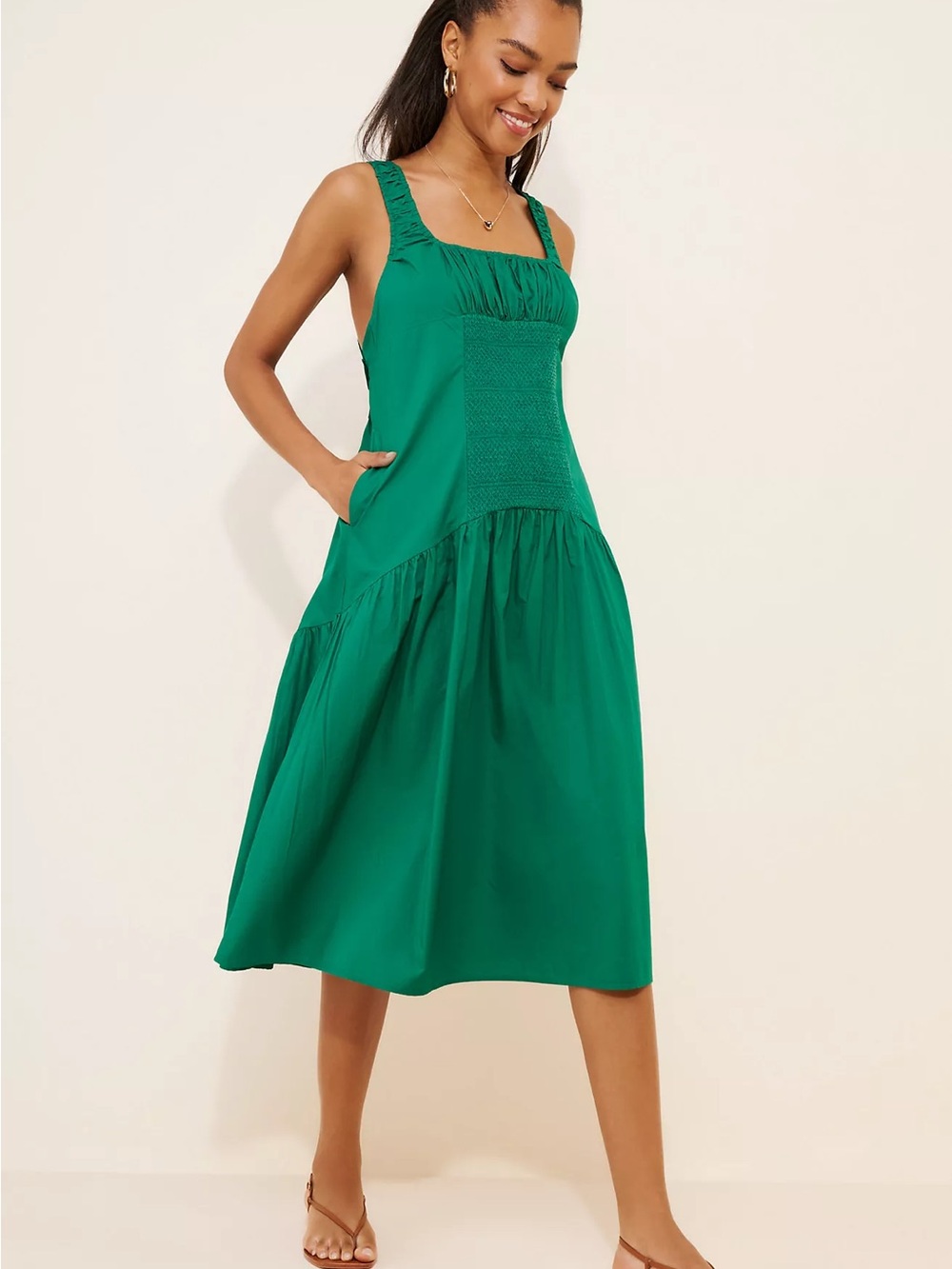 Anthropologie Green Smocked Tank Midi Dress - Picture 1 of 5